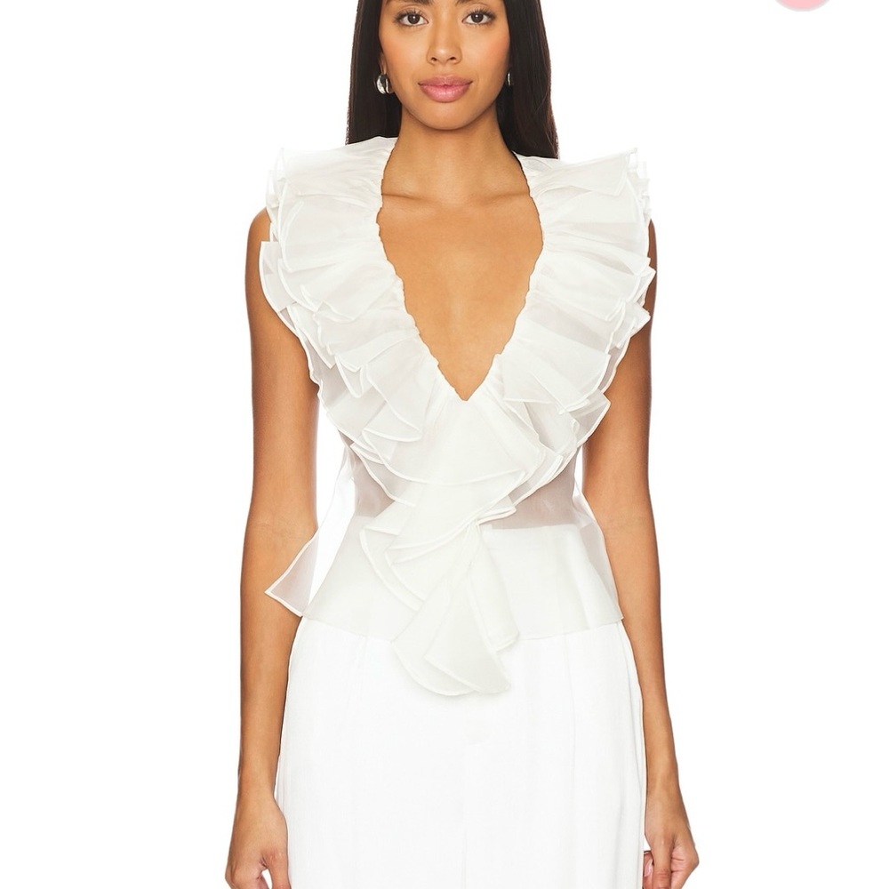 Retrofete White Ruffle V-Neck Top